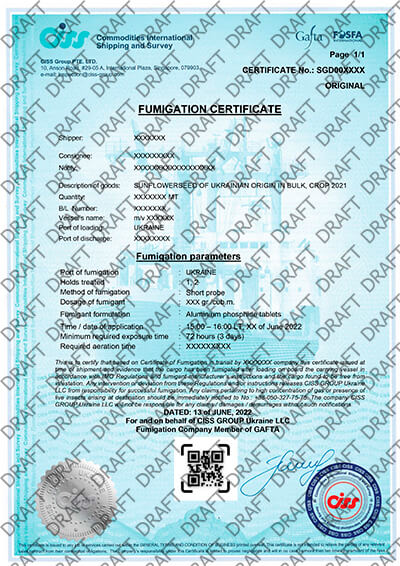 Сертификат фумигации зерна