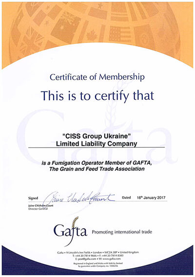 Certificate CISS GROUP - Fumigation Operator Member of Gafta