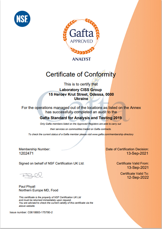 Laboratory CISS Group Gafta Analysis Certificate 2021